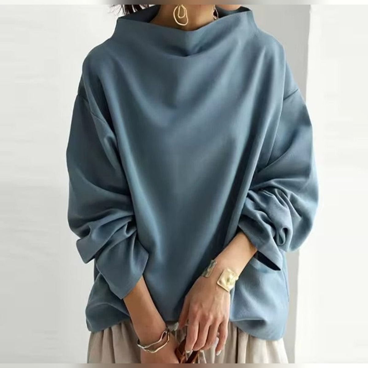 women's oversized mock neck long sleeve top in blue