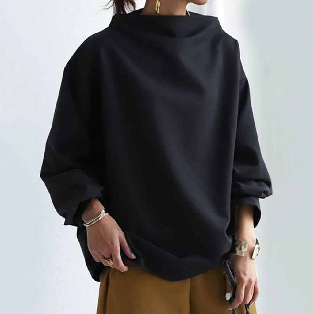 women's oversized mock neck long sleeve top in black