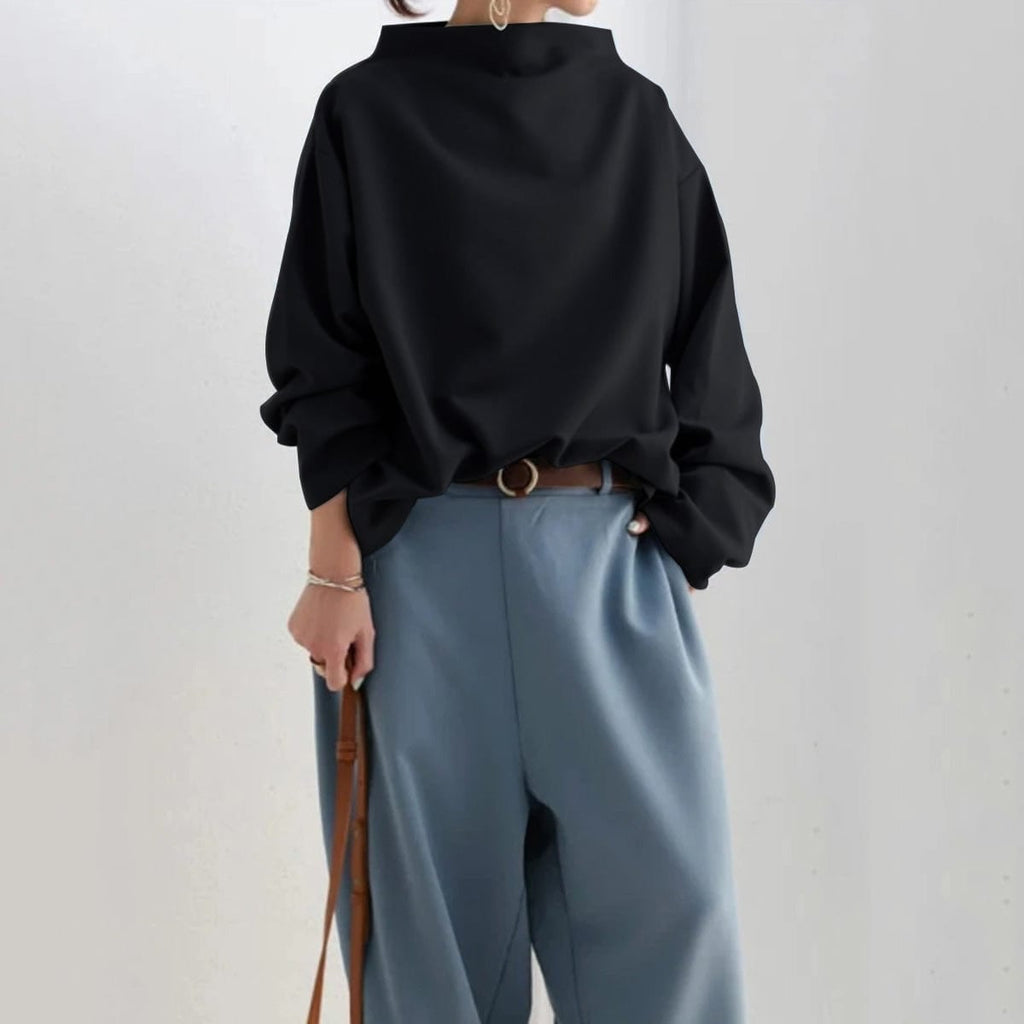 women's oversized mock neck long sleeve top in black