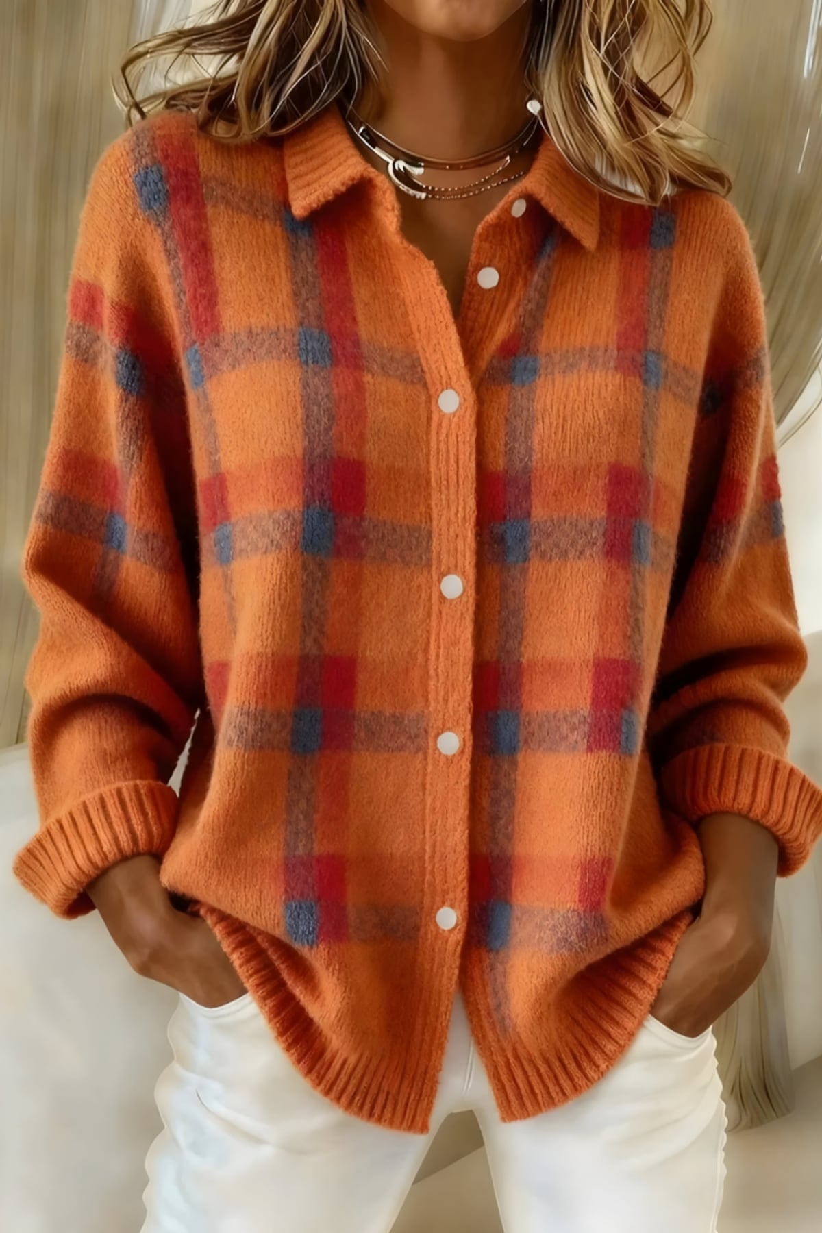 women's oversized plaid knit shirt jacket in orange