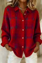 women's oversized plaid knit shirt jacket in red