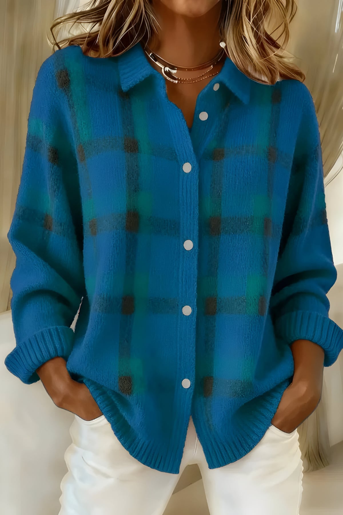 women's oversized plaid knit shirt jacket in blue