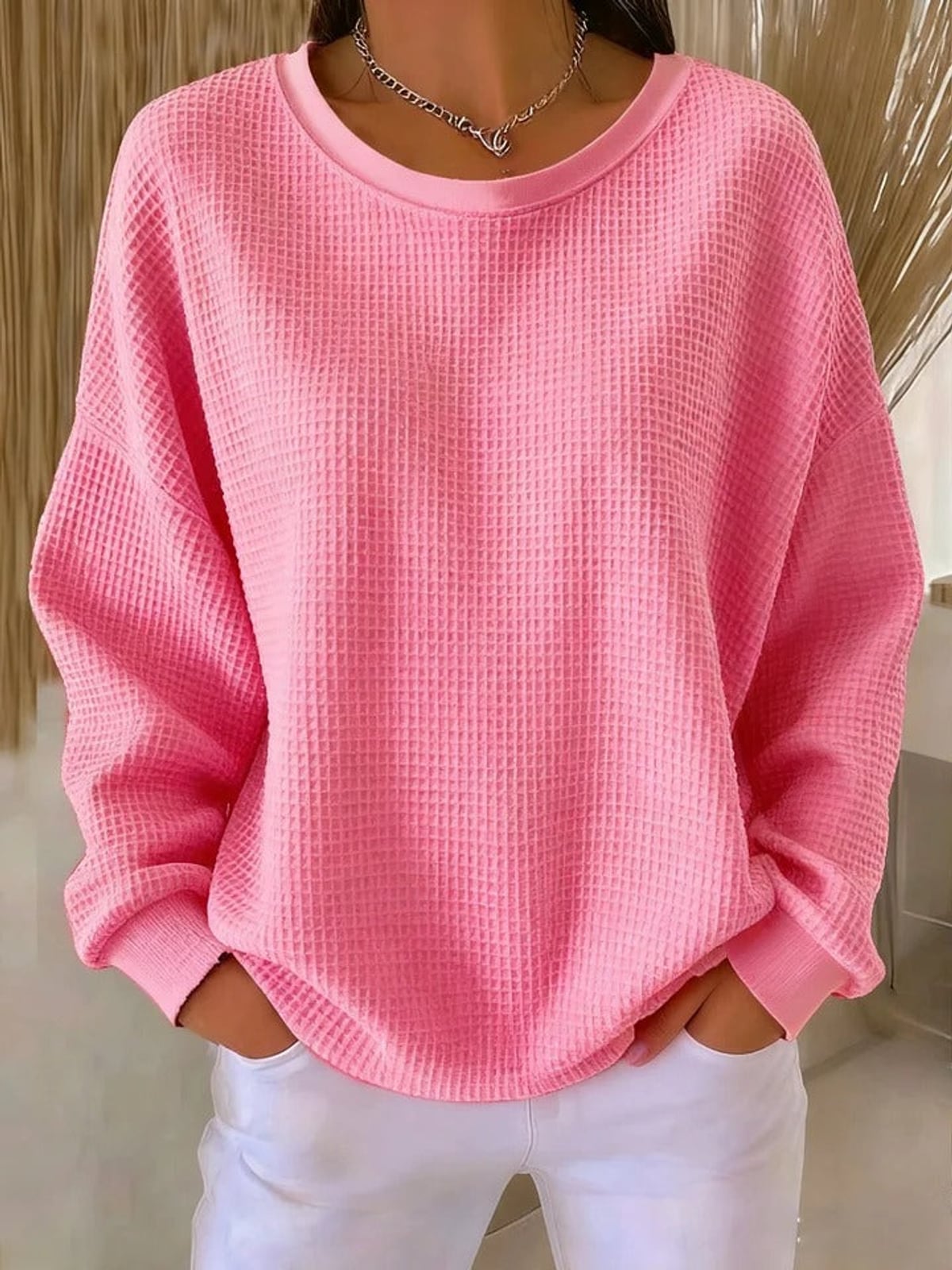 women's oversized pullover crew neck sweater in pink
