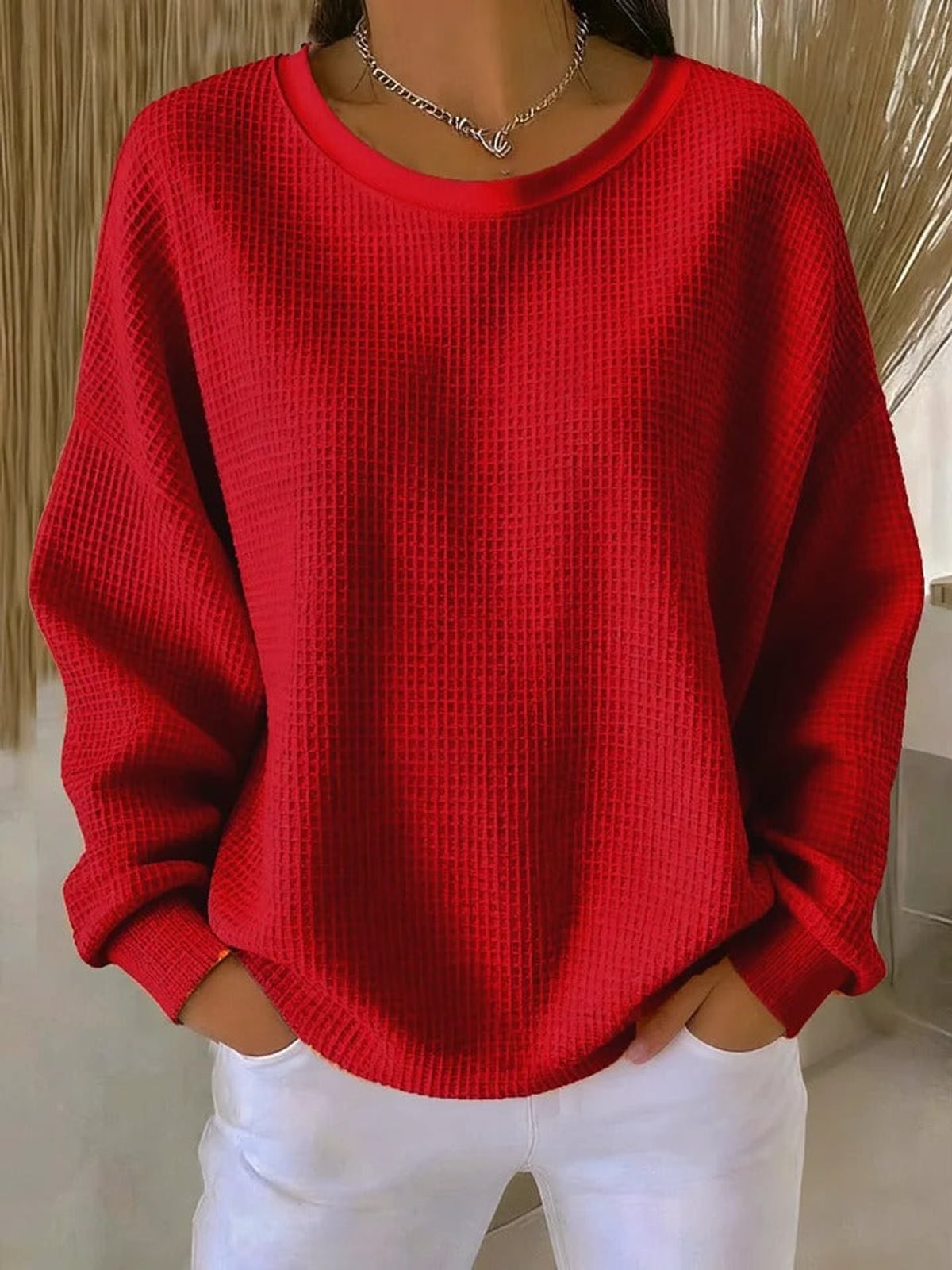 women's oversized pullover crew neck sweater in red