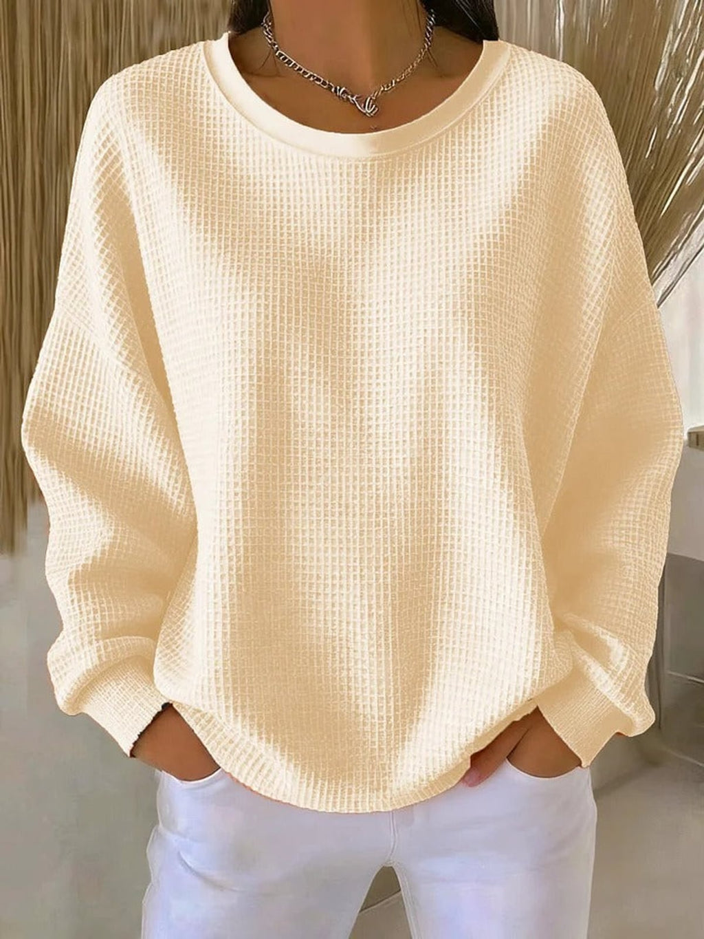women's oversized pullover crew neck sweater in apricot