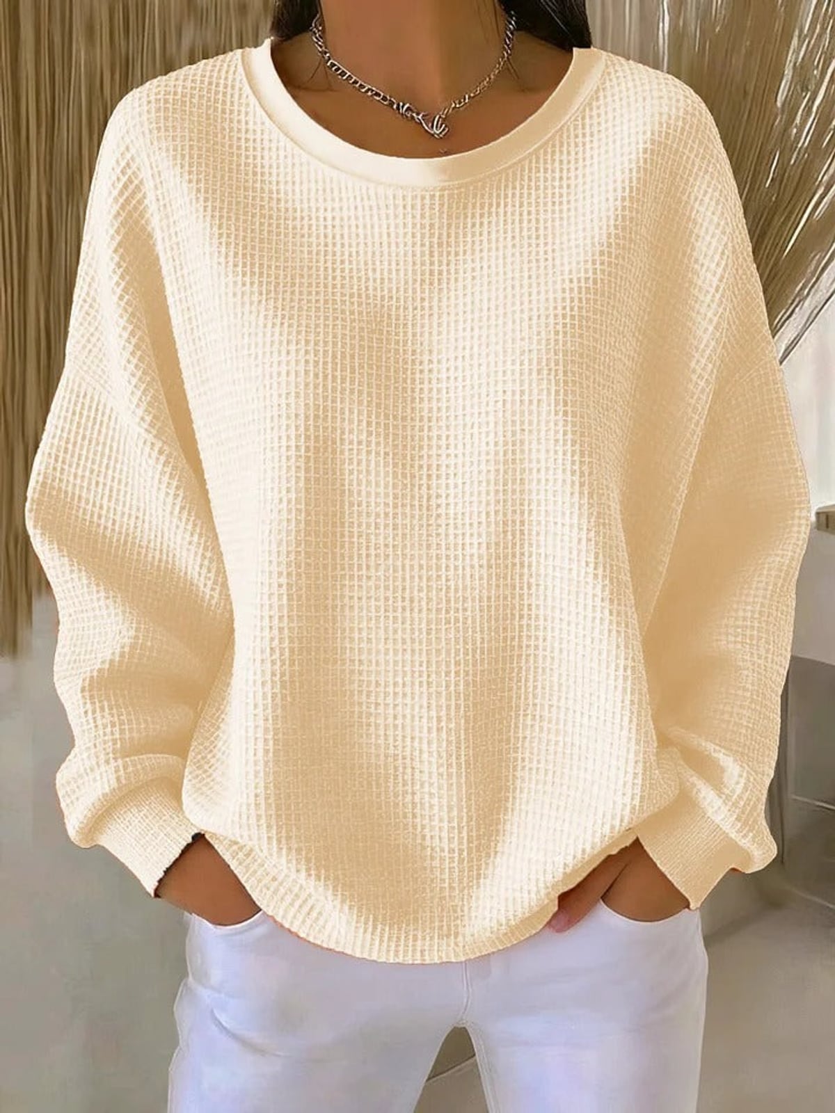 women's oversized pullover crew neck sweater in apricot