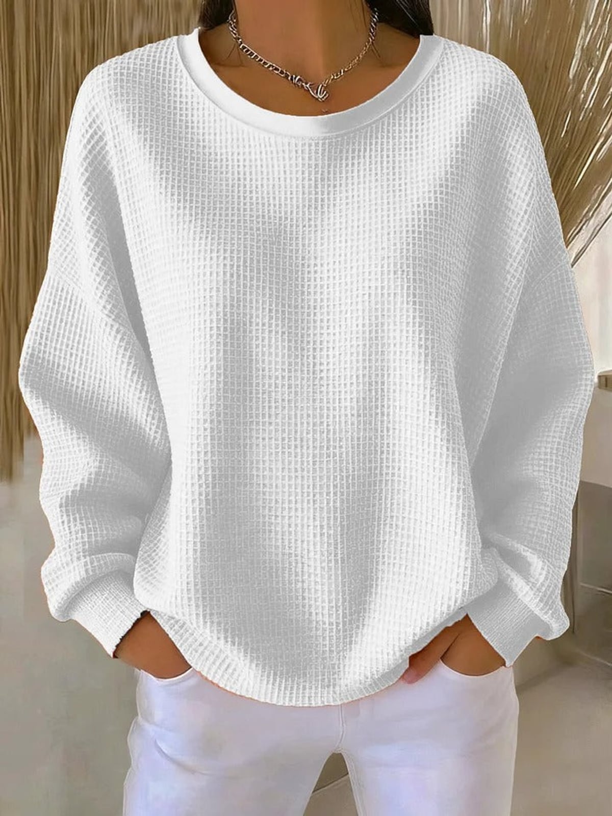 women's oversized pullover crew neck sweater in white