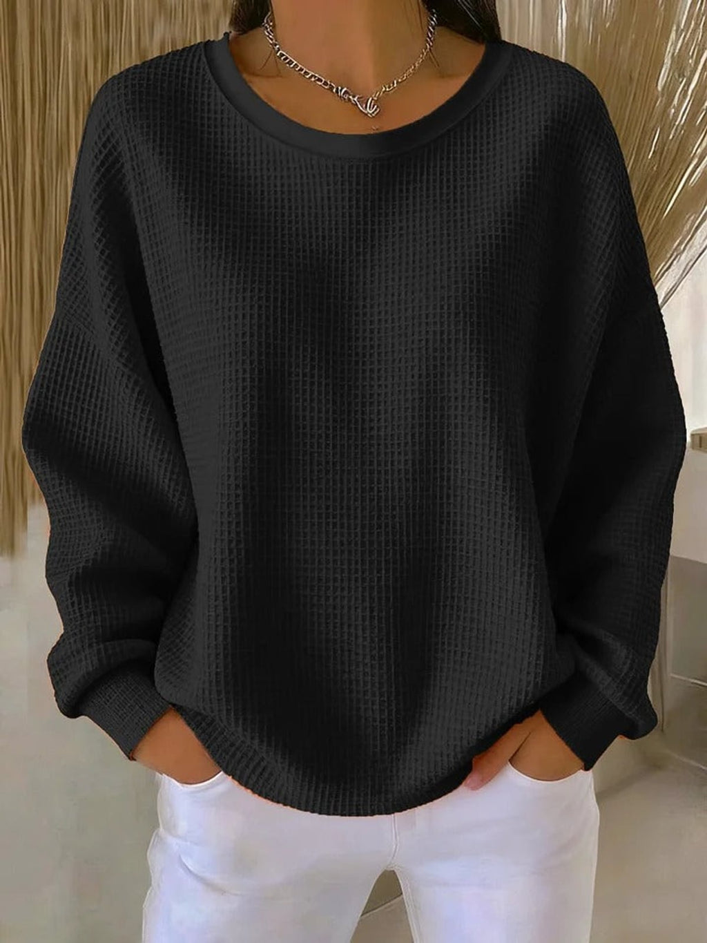 women's oversized pullover crew neck sweater in black