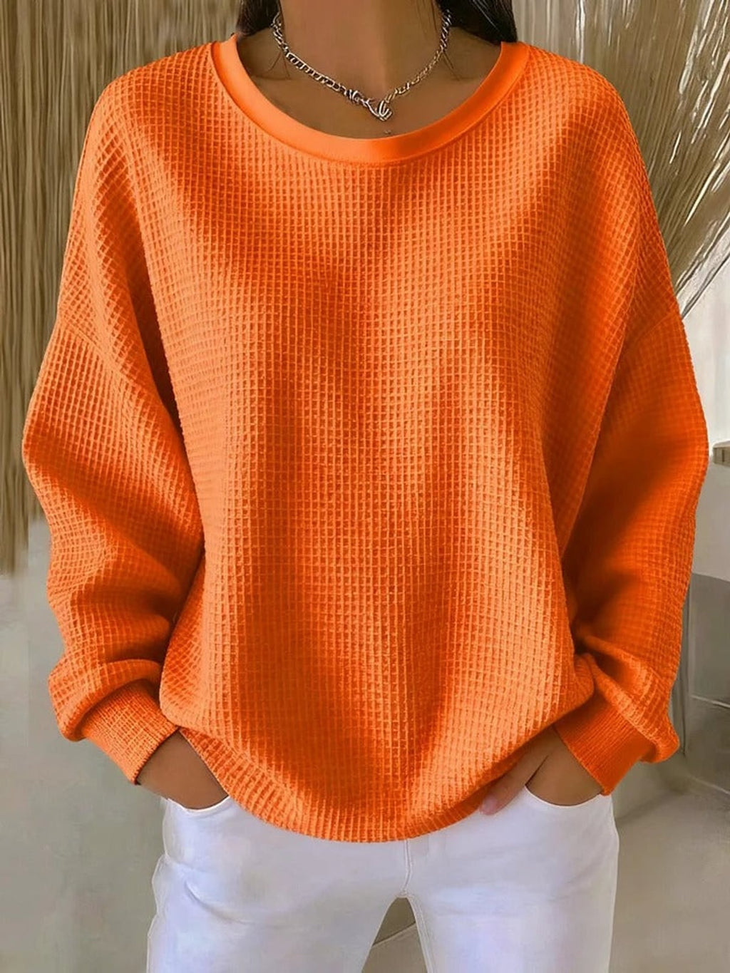 women's oversized pullover crew neck sweater in orange