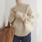 women's oversized pullover turtleneck sweater in apricot