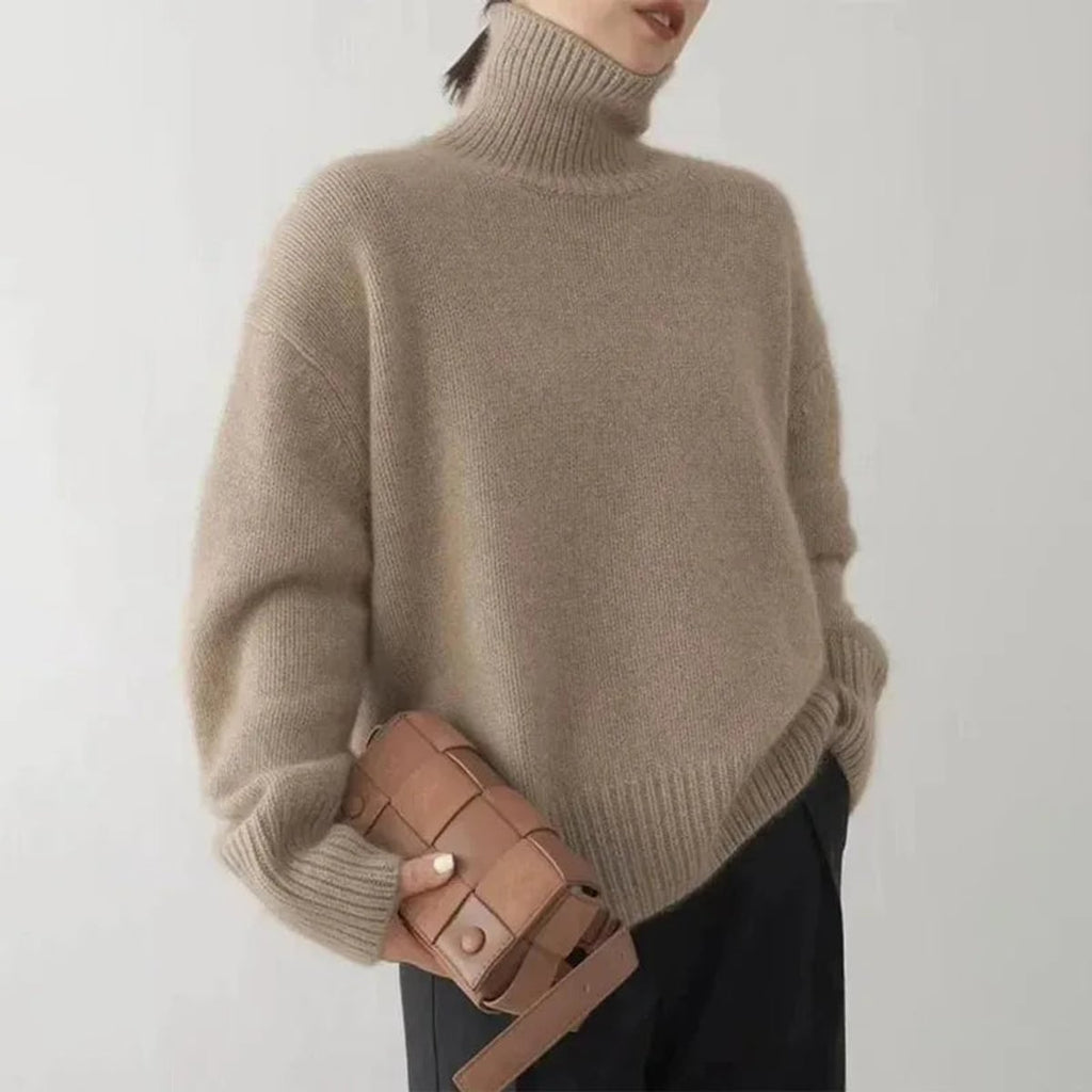 women's oversized pullover turtleneck sweater in camel
