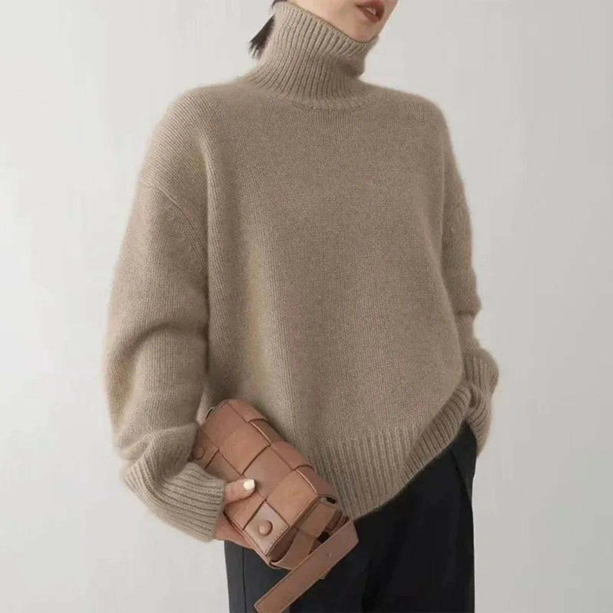 women's oversized pullover turtleneck sweater in camel