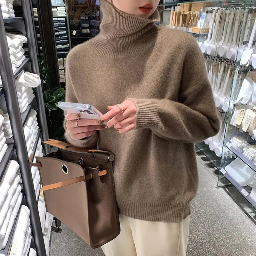 women's oversized pullover turtleneck sweater in coffee