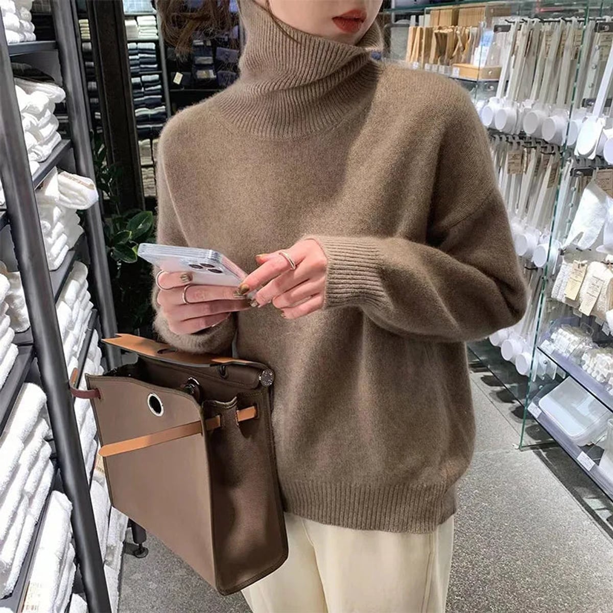women's oversized pullover turtleneck sweater in coffee