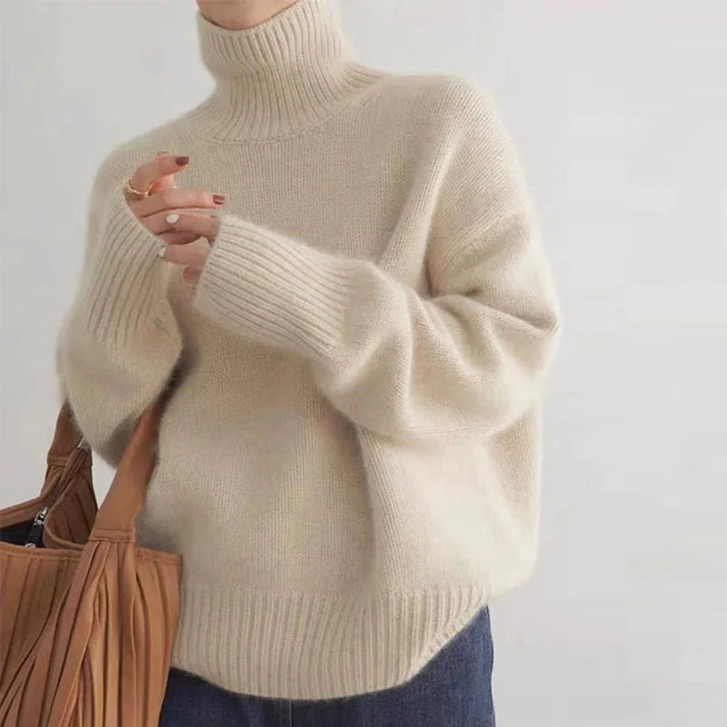 women's oversized pullover turtleneck sweater in apricot