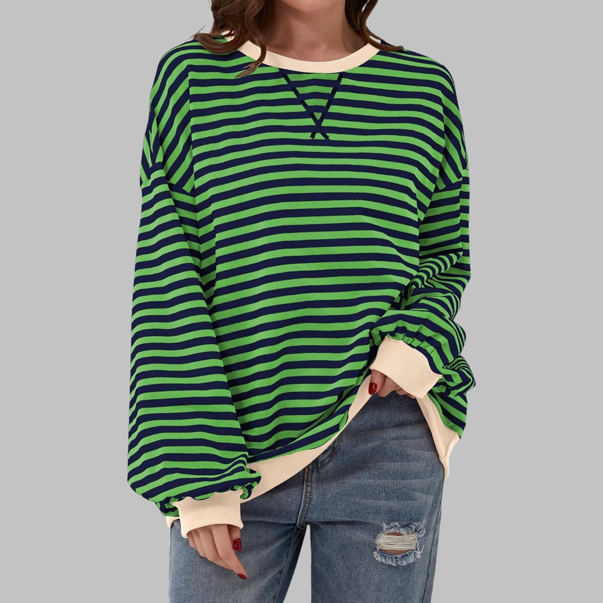 women's oversized retro stripe sweatshirt in dark green