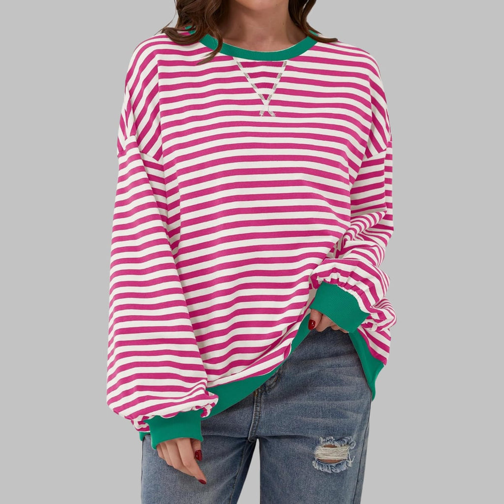women's oversized retro stripe sweatshirt in rose
