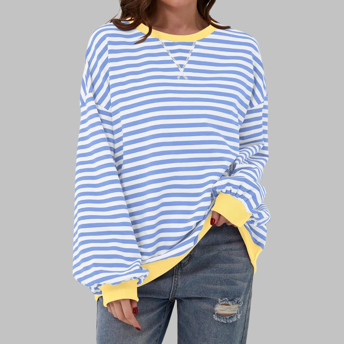 women's oversized retro stripe sweatshirt in sky blue
