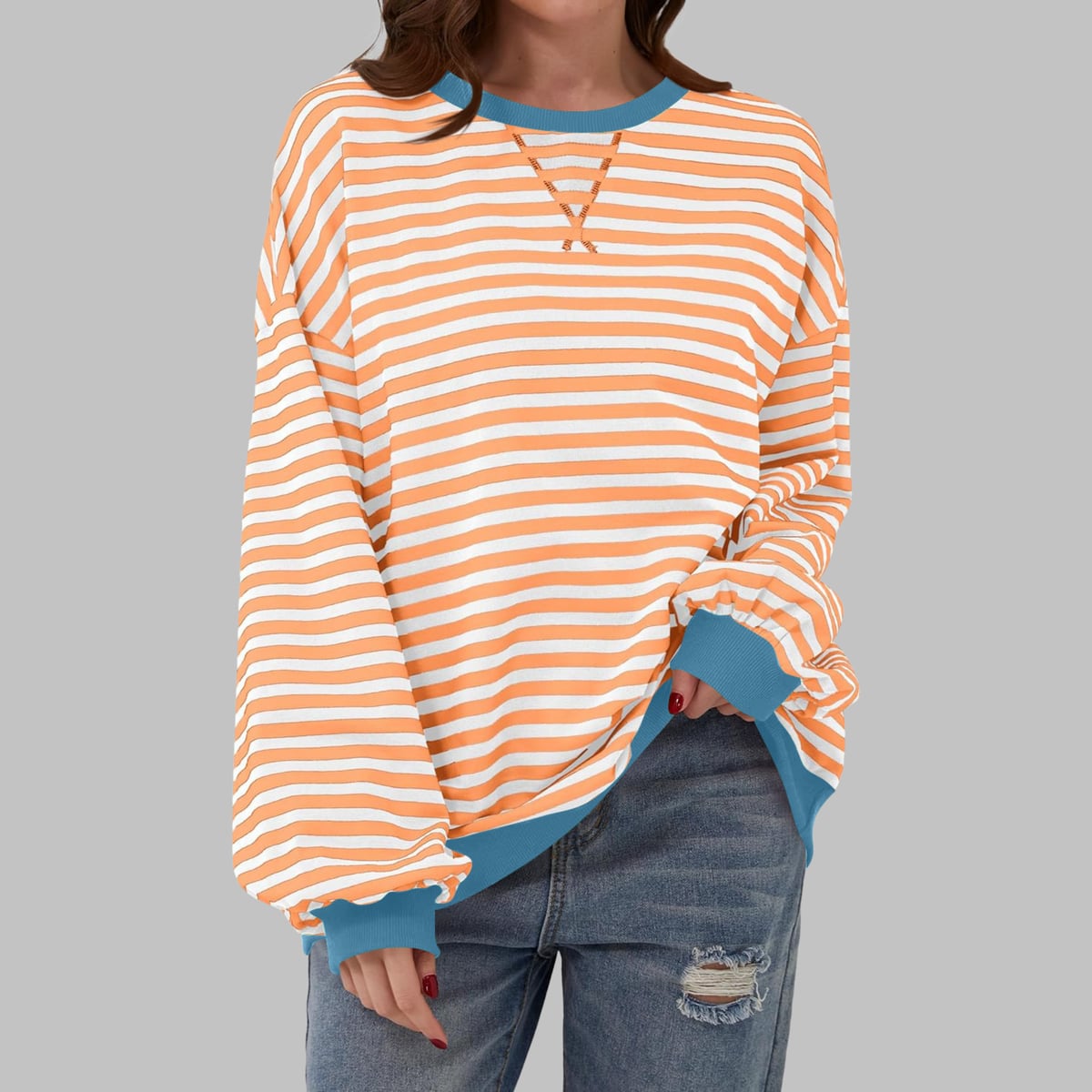 women's oversized retro stripe sweatshirt in orange