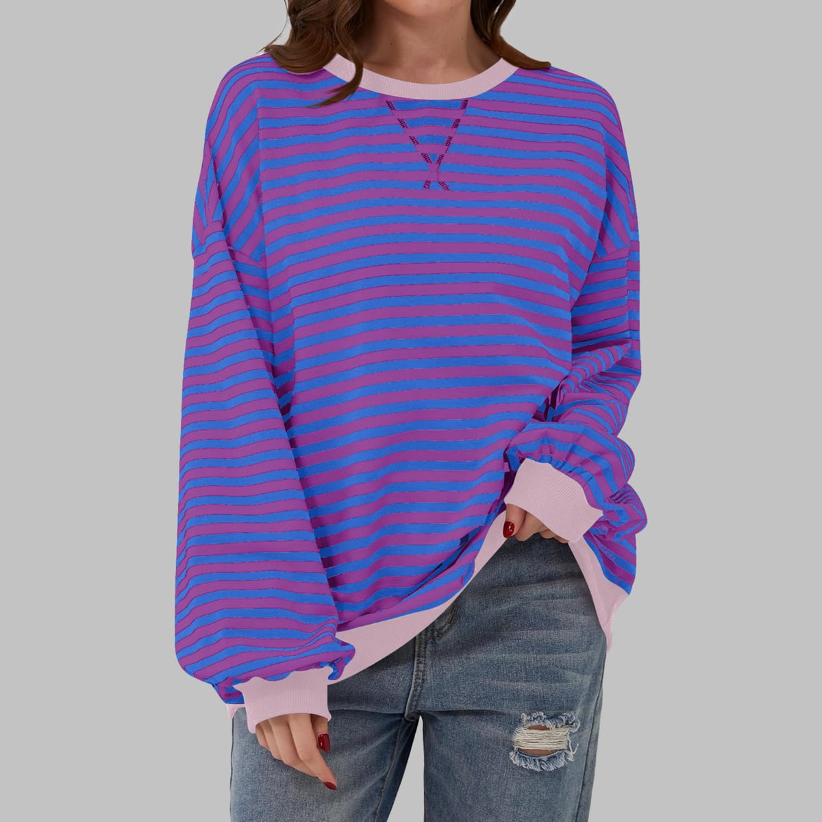 women's oversized retro stripe sweatshirt in purple