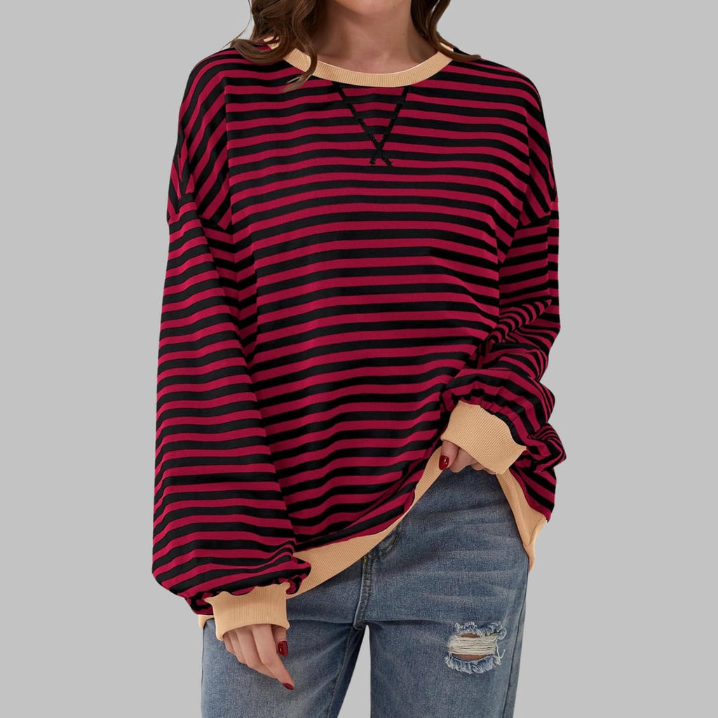 women's oversized retro stripe sweatshirt in bordeaux