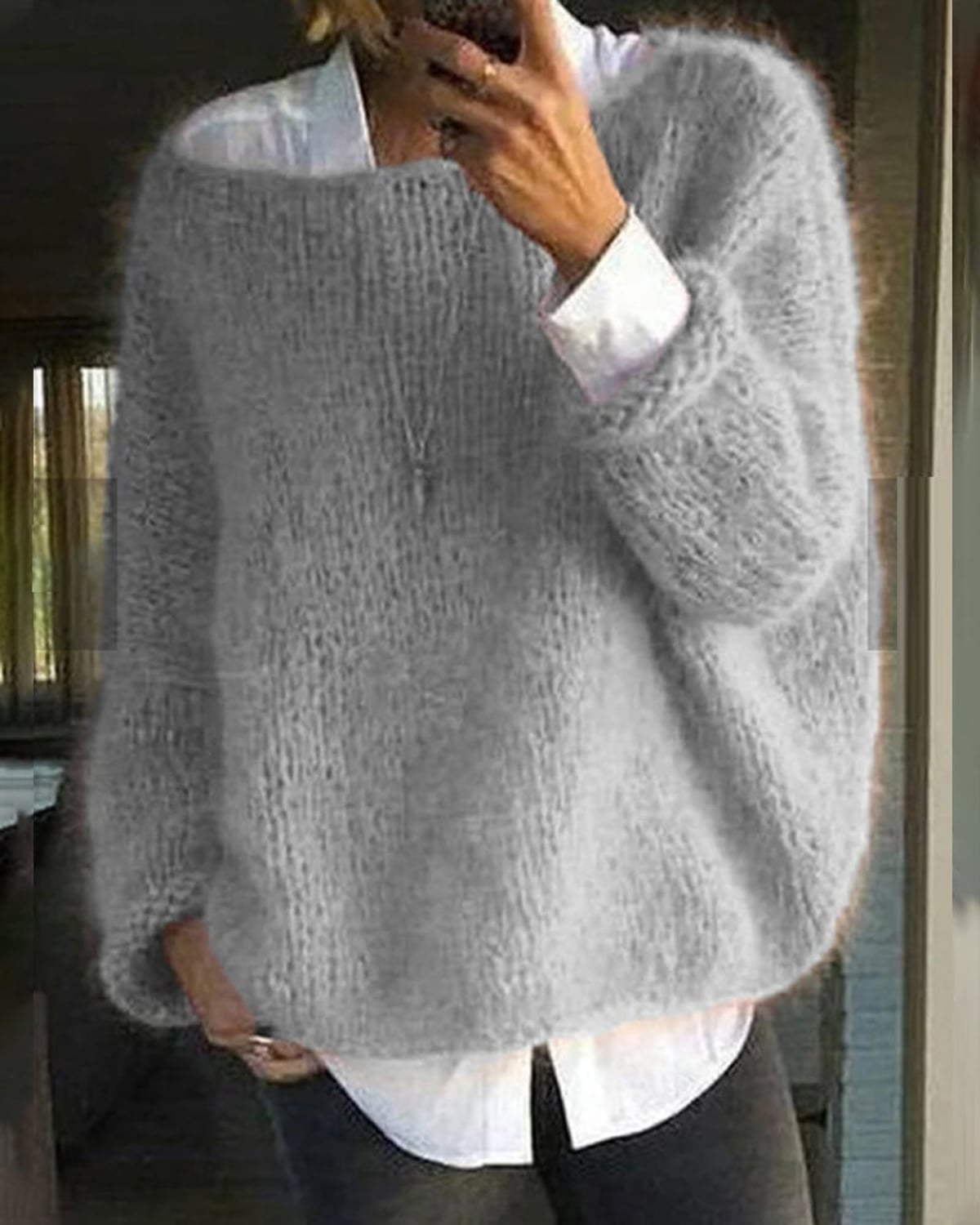 women's oversized round neck sweater in gray