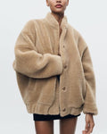 women's oversized teddy bomber jacket in beige