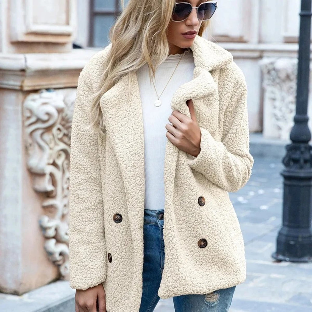 women's oversized teddy jacket with notch lapels in beige