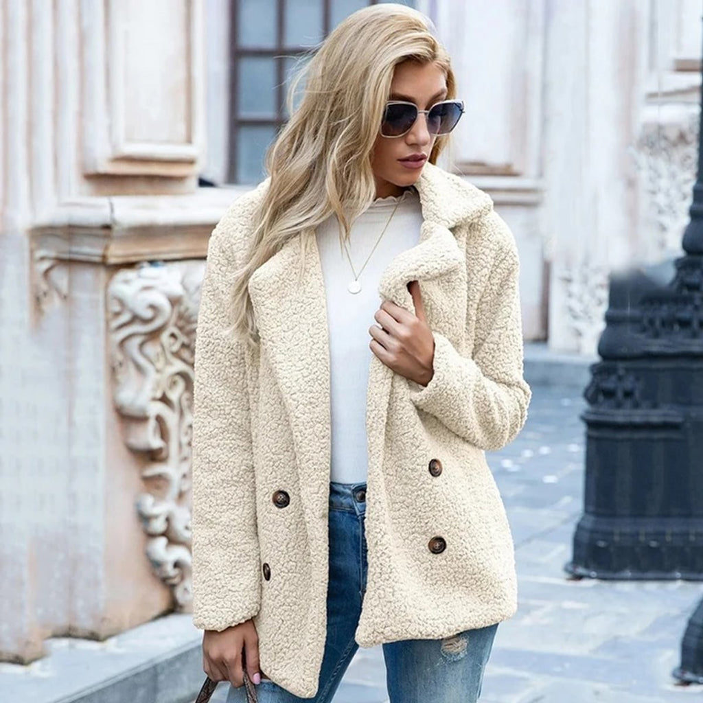 women's oversized teddy jacket with notch lapels