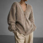 women's oversized v-neck knit cardigan in beige