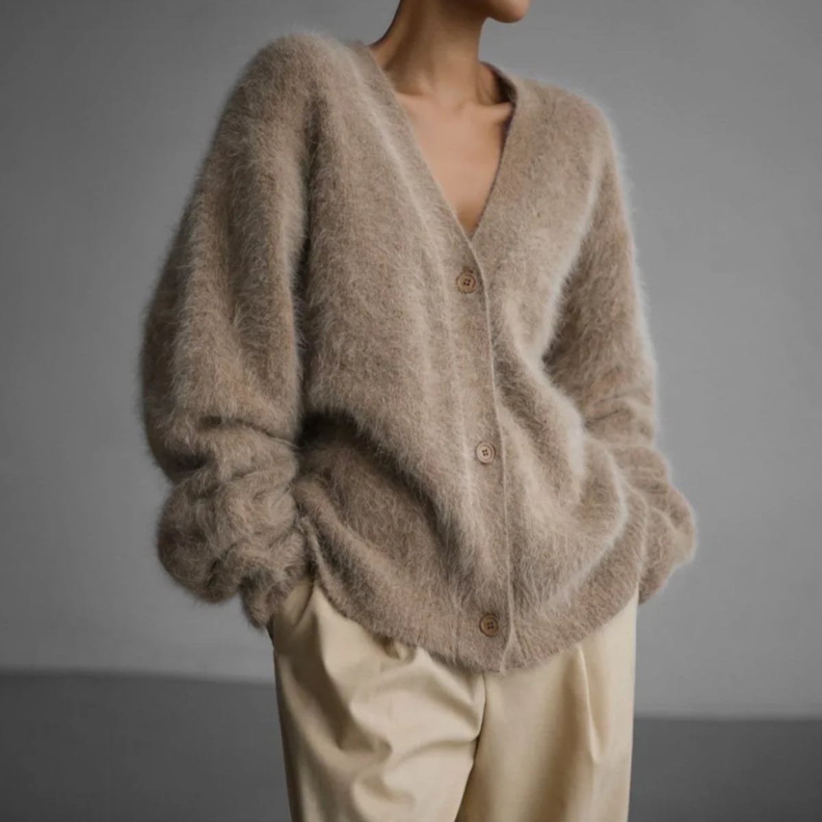 women's oversized v-neck knit cardigan in beige