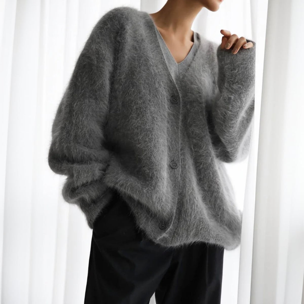 women's oversized v-neck knit cardigan in gray