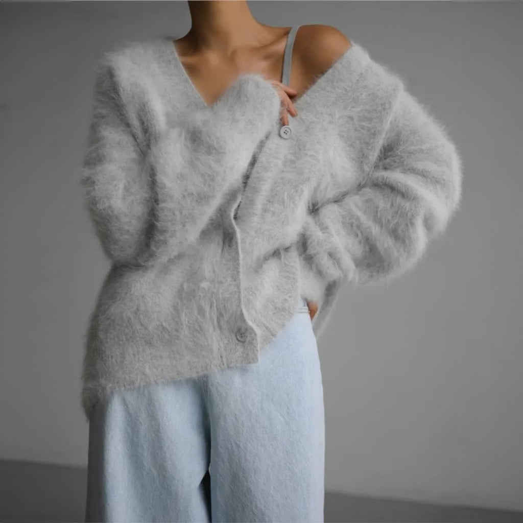 women's oversized v-neck knit cardigan in light gray