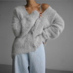 women's oversized v-neck knit cardigan in light gray