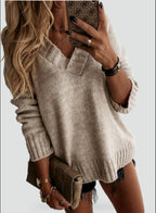 women's oversized v-neck knit sweater in light brown