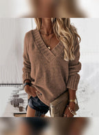 women's oversized v-neck knit sweater in coffee