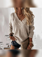 women's oversized v-neck knit sweater in light brown
