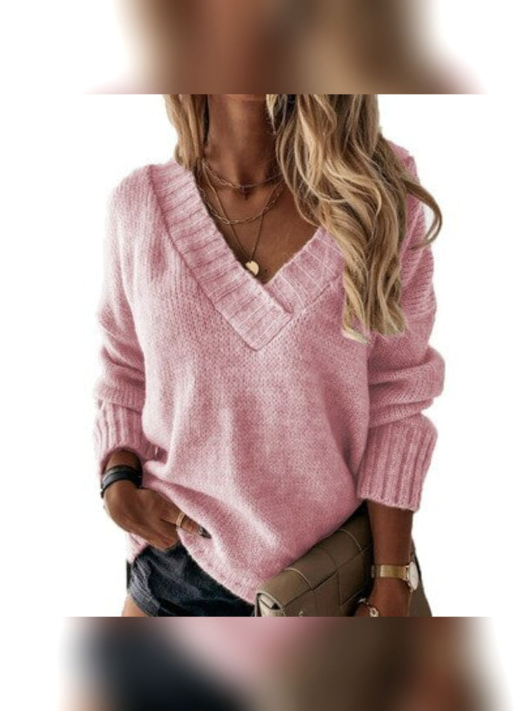 women's oversized v-neck knit sweater in pink