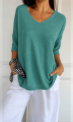 women's oversized v-neck knit top in grass green