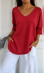 women's oversized v-neck knit top in red