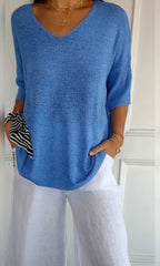 women's oversized v-neck knit top in blue