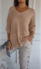 women's oversized v-neck knit top in apricot