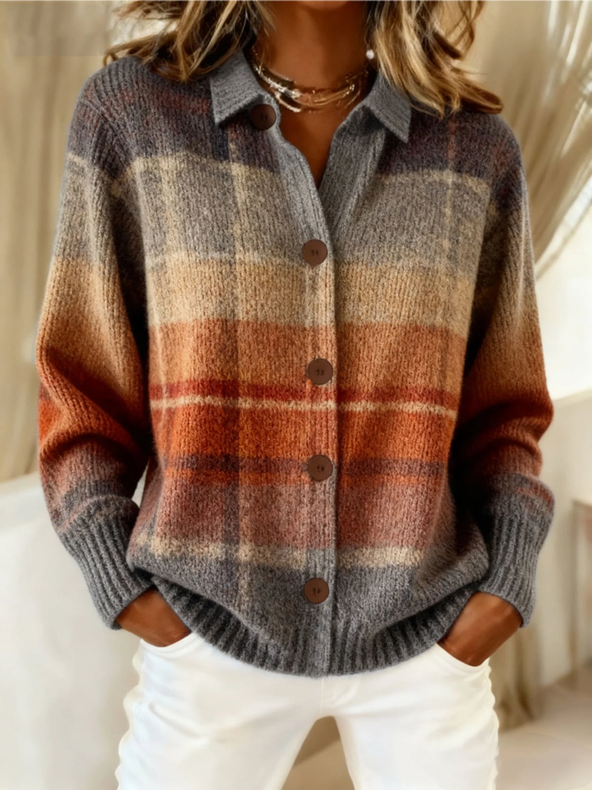 women's plaid button-up cardigan sweater in light brown