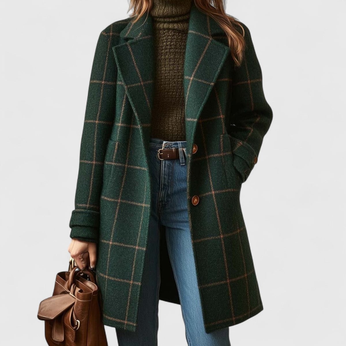 women's plaid coat in dark green