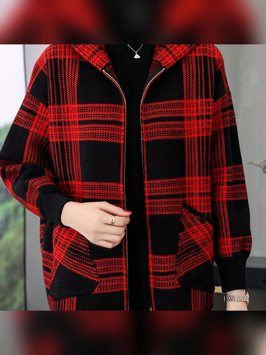 women's plaid hooded zip-up jacket in red