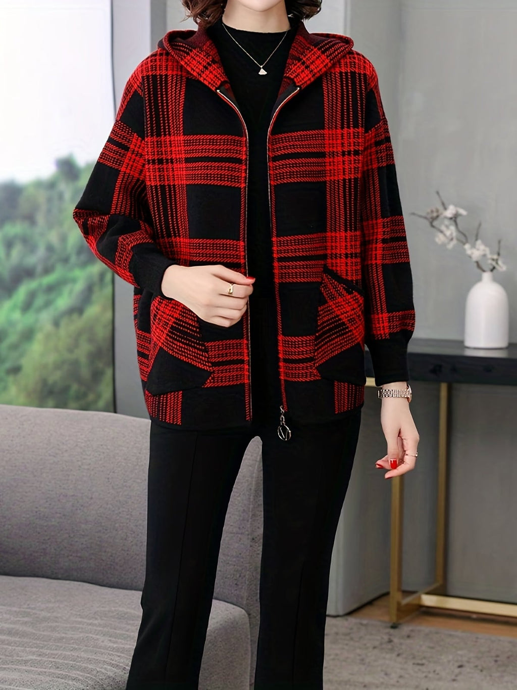 women's plaid hooded zip-up jacket in red