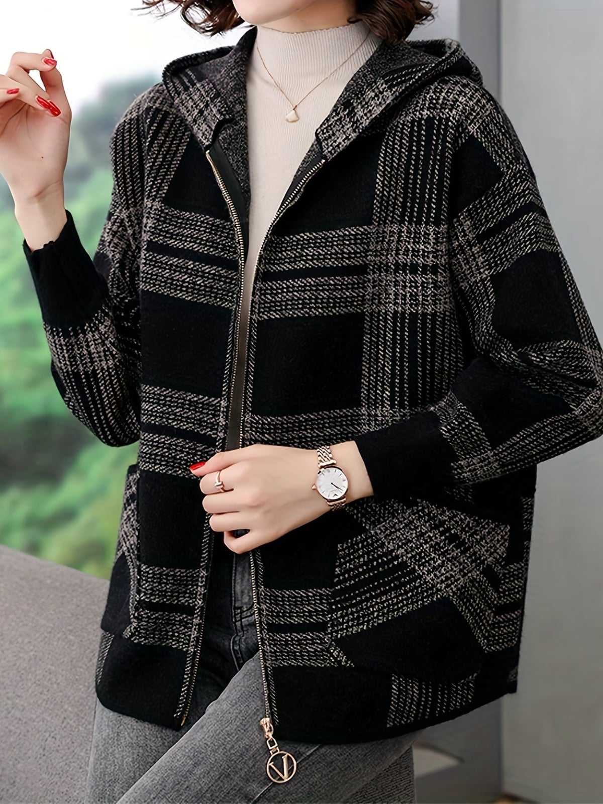 women's plaid hooded zip-up jacket in gray