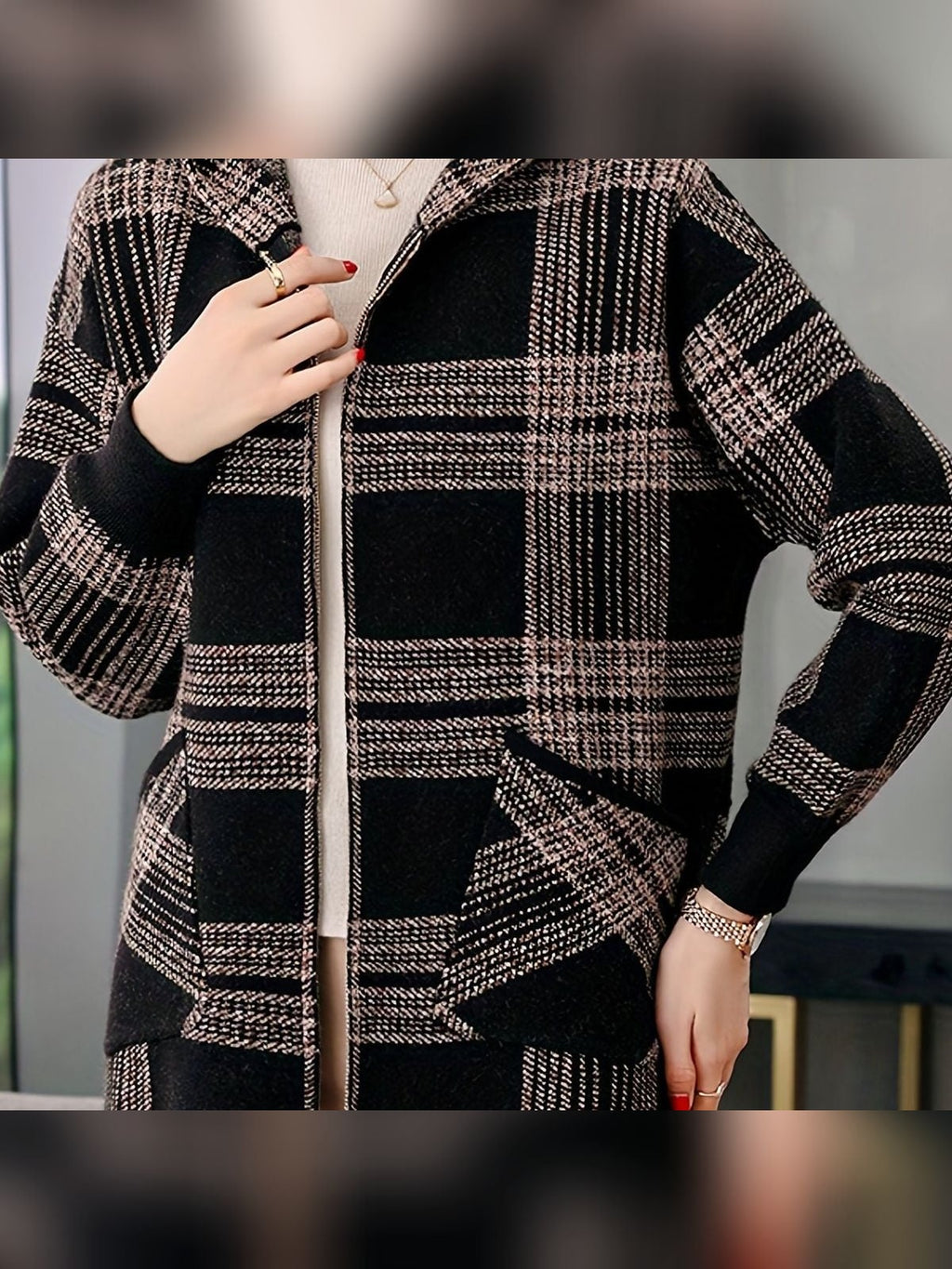 women's plaid hooded zip-up jacket in camel