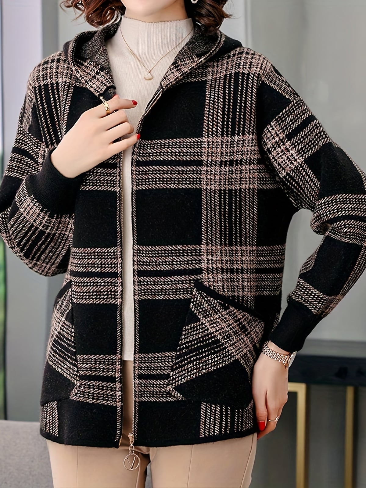 women's plaid hooded zip-up jacket in camel