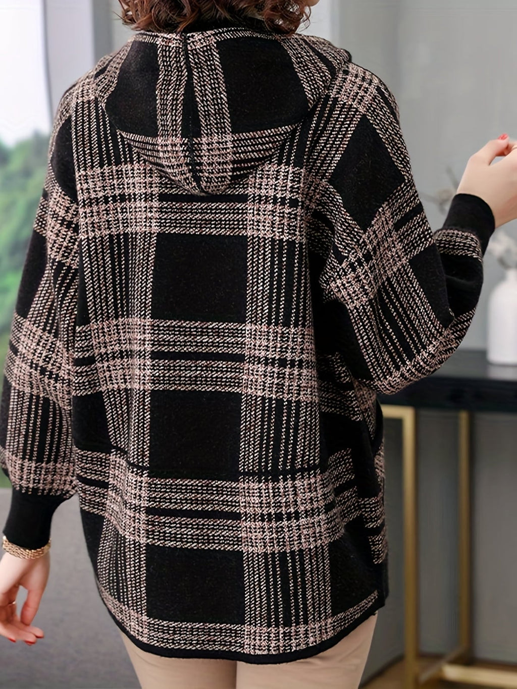 women's plaid hooded zip-up jacket in camel
